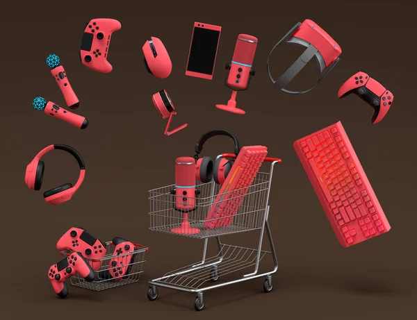 Flying gamer gears like mouse, web camera, joystick, headset, VR Headset in shopping carts and basket on dark background. 3d render of sale, shopping and delivery of accessories for live streaming