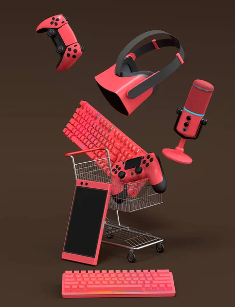 Flying gamer gears like mouse, keyboard, joystick, headset, VR Headset in shopping carts and basket on dark background. 3d render of sale, shopping and delivery of accessories for live streaming