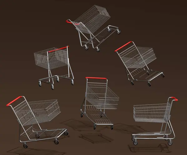 Set of flying shopping carts or trolley for groceries on dark background. 3d render concept of sale, discount, shopping and delivery