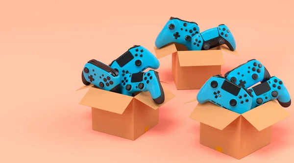 Set of gamer joysticks or gamepads in cardboard box on orange background. 3d render concept of sale, discount, shopping and delivery of accessories for live streaming concept top view