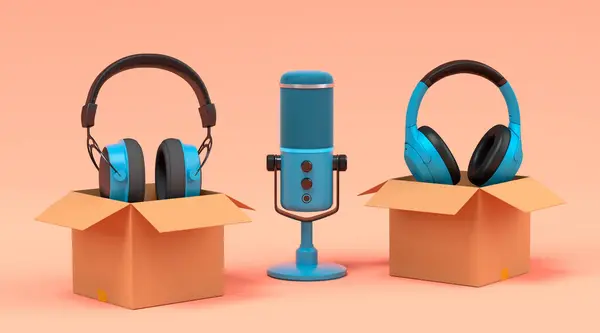 Set of gamer headphones and microphone in cardboard box on orange background. 3d render concept of sale, discount, shopping and delivery of accessories for live streaming concept top view