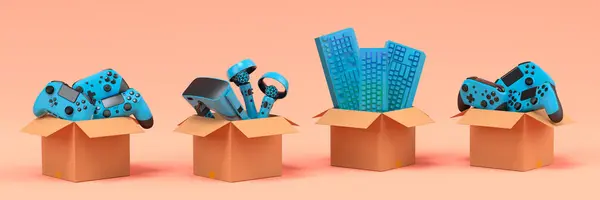 Set of gamer joysticks, vr glasses and keyboards in cardboard box on orange background. 3d render concept of sale, discount, shopping and delivery of accessories for live streaming concept top view