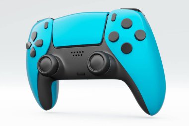 Beyaz arka planda gerçekçi mavi gök mavisi video oyunu joystick 'i. Bulut oyunu ve oyun alanı çalışma alanı konsepti için 3 boyutlu görüntüleme