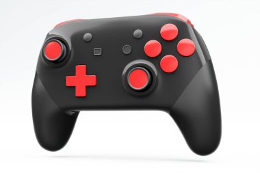 Beyaz arka planda renk düğmeleri olan gerçekçi siyah video oyunu joystick 'i. Bulut oyunu ve oyun alanı çalışma alanı konsepti için 3 boyutlu görüntüleme