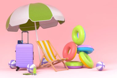Renkli bavul ya da pembe arka planda plaj aksesuarları olan bavul. Yaz tatili konsepti ve tatillerinin 3 boyutlu canlandırması