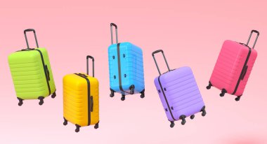 Pembe arka planda uçan renkli bavul ya da bagaj. Yaz tatili konsepti ve tatillerinin 3 boyutlu canlandırması