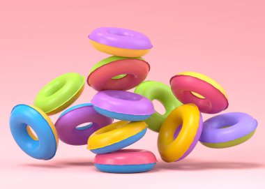 Colorful inflatable rings flying on pink background. 3D render of summer vacation concept and holidays