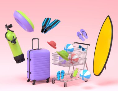 Plaj aksesuarları ve pembe arka planda alışveriş arabası olan renkli bavullar. Yaz tatili konsepti ve tatillerinin 3 boyutlu canlandırması