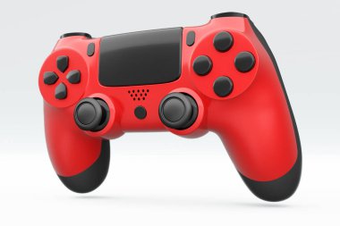Beyaz arka planda gerçekçi kırmızı video oyunu joystick 'i. Bulut oyunu ve oyun alanı çalışma alanı konsepti için 3 boyutlu görüntüleme