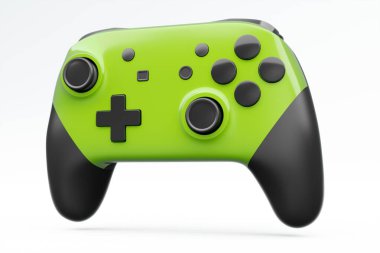 Gerçekçi yeşil video oyunu joystick ya da beyaz arka planda oyun alanı. Bulut oyunu ve oyun alanı çalışma alanı konsepti için 3 boyutlu görüntüleme