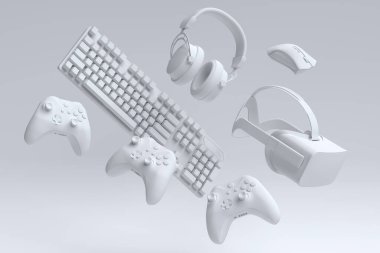 Fare, klavye, joystick, kulaklık ve mikrofon gibi üst düzey oyuncu dişlileri tek renkli arka planda. Canlı yayın konsepti için 3D aksesuar hazırlama