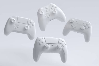 Tek renkli arka planda uçan oyun kumandası ya da oyun yastığı seti. Canlı yayın konsepti için 3D aksesuar hazırlama