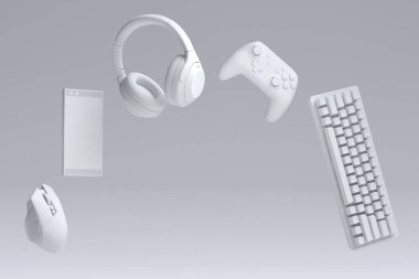 Fare, klavye, joystick, kulaklık ve mikrofon gibi üst düzey oyuncu dişlileri tek renkli arka planda. Canlı yayın konsepti için 3D aksesuar hazırlama