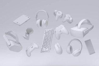 Fare, klavye, joystick, kulaklık ve mikrofon gibi üst düzey oyuncu dişlileri tek renkli arka planda. Canlı yayın konsepti için 3D aksesuar hazırlama