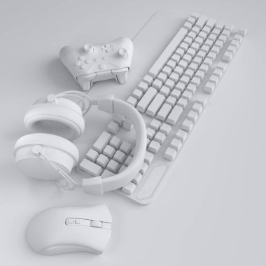 Fare, klavye, joystick, kulaklık ve tek renkli arka planda fare gibi üst görünüm oyuncuları. Canlı yayın konsepti için 3D aksesuar hazırlama