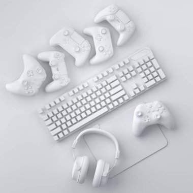 Fare, klavye, joystick, kulaklık ve tek renkli arka planda fare gibi üst görünüm oyuncuları. Canlı yayın konsepti için 3D aksesuar hazırlama