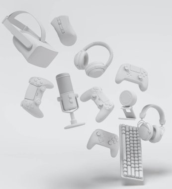 Fare, klavye, joystick, kulaklık ve mikrofon gibi üst düzey oyuncu dişlileri tek renkli arka planda. Canlı yayın konsepti için 3D aksesuar hazırlama