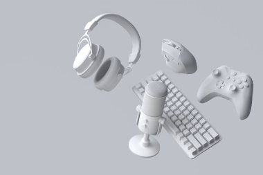 Fare, klavye, joystick, kulaklık ve mikrofon gibi üst düzey oyuncu dişlileri tek renkli arka planda. Canlı yayın konsepti için 3D aksesuar hazırlama