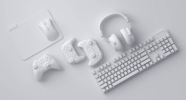 Fare, klavye, joystick, kulaklık ve tek renkli arka planda fare gibi üst görünüm oyuncuları. Canlı yayın konsepti için 3D aksesuar hazırlama