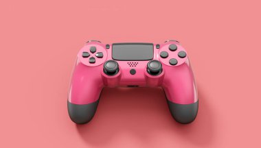Pembe arka planda gerçekçi kırmızı video oyunu joystickleri ya da oyun pedleri. Bulut oyunu ve oyun alanı çalışma alanı konsepti için 3 boyutlu görüntüleme