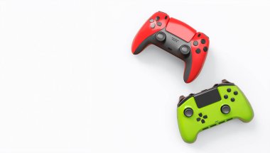 Gerçekçi renkli video oyunu joystickleri ya da beyaz arka planda renk düğmeleri olan gamepad 'ler. Bulut oyunu ve oyun alanı çalışma alanı konsepti için 3 boyutlu görüntüleme