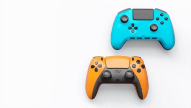 Gerçekçi renkli video oyunu joystickleri ya da beyaz arka planda renk düğmeleri olan gamepad 'ler. Bulut oyunu ve oyun alanı çalışma alanı konsepti için 3 boyutlu görüntüleme