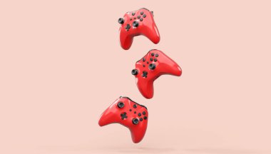 Gerçekçi kırmızı gök mavisi video oyunu joystickleri ya da pembe arka planda oyun pedleri. Bulut oyunu ve oyun alanı çalışma alanı konsepti için 3 boyutlu görüntüleme