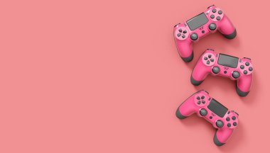 Pembe arka planda gerçekçi kırmızı video oyunu joystickleri ya da oyun pedleri. Bulut oyunu ve oyun alanı çalışma alanı konsepti için 3 boyutlu görüntüleme