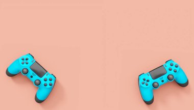 Pembe arka planda gerçekçi mavi oyun joystickleri veya oyun pedleri. Bulut oyunu ve oyun alanı çalışma alanı konsepti için 3 boyutlu görüntüleme