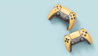 Gri arka planda gerçekçi sarı oyun joystickleri ya da oyun pedleri. Bulut oyunu ve oyun alanı çalışma alanı konsepti için 3 boyutlu görüntüleme