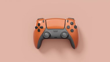 Kırmızı arka planda gerçekçi kırmızı video oyunu joystickleri ya da oyun pedleri. Bulut oyunu ve oyun alanı çalışma alanı konsepti için 3 boyutlu görüntüleme