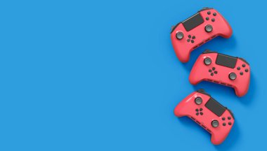 Gerçekçi kırmızı video oyunu joystickleri ya da mavi arka planda oyun pedleri. Bulut oyunu ve oyun alanı çalışma alanı konsepti için 3 boyutlu görüntüleme