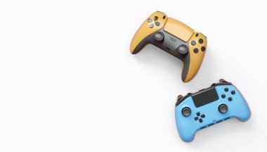 Gerçekçi renkli video oyunu joystickleri ya da beyaz arka planda renk düğmeleri olan gamepad 'ler. Bulut oyunu ve oyun alanı çalışma alanı konsepti için 3 boyutlu görüntüleme