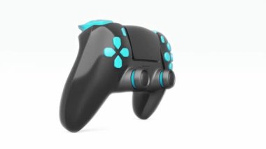 Beyaz arka planda dönen gerçekçi siyah oyun joystickleri ya da oyun pedleri. Bulut oyunu ve oyun alanı çalışma alanı konsepti için 3B yayın ekipmanı oluşturma