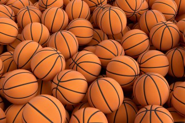 Birçok uçan turuncu basketbol topu mavi arka fona düşüyor. Takım oyunu, egzersiz ve yarışma için 3D spor aksesuarları hazırlamaName