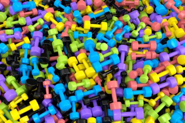 Kauçuk dambıl gibi spor malzemesi yığını, çok renkli arka planda halter. 3D kaldırma, fitness ve beden eğitimi konsepti