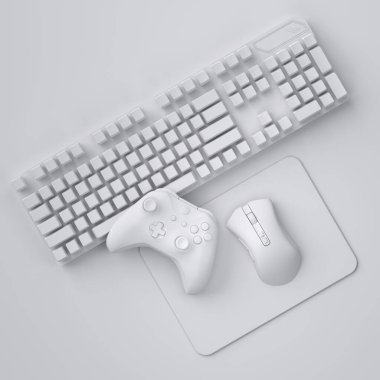 Tek renkli arka planda fare, klavye, joystick ve fare gibi üst görünüm oyuncuları. Canlı yayın konsepti için 3D aksesuar hazırlama