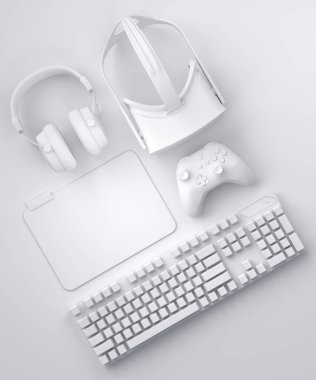 Fare, klavye, joystick, kulaklık ve telefon gibi üst düzey oyuncu dişlileri monokrom arka planda. Canlı yayın konsepti için 3D aksesuar hazırlama