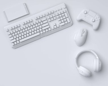 Fare, klavye, joystick, kulaklık ve tek renkli arka planda fare gibi üst görünüm oyuncuları. Canlı yayın konsepti için 3D aksesuar hazırlama