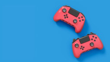 Gerçekçi kırmızı video oyunu joystickleri ya da mavi arka planda oyun pedleri. Bulut oyunu ve oyun alanı çalışma alanı konsepti için 3 boyutlu görüntüleme