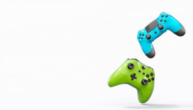 Gerçekçi renkli video oyunu joystickleri ya da beyaz arka planda renk düğmeleri olan gamepad 'ler. Bulut oyunu ve oyun alanı çalışma alanı konsepti için 3 boyutlu görüntüleme
