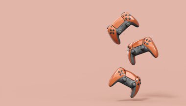 Kırmızı arka planda gerçekçi kırmızı video oyunu joystickleri ya da oyun pedleri. Bulut oyunu ve oyun alanı çalışma alanı konsepti için 3 boyutlu görüntüleme