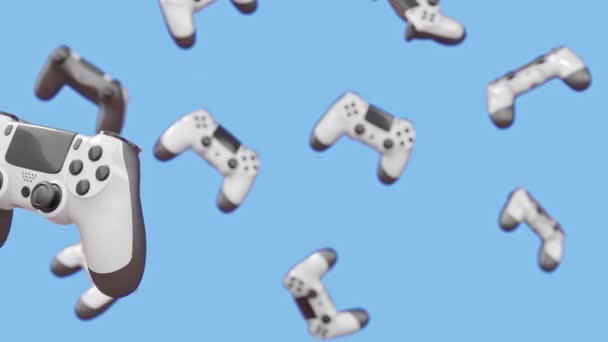 Realistici Joystick Gamepad Videogiochi Neri Che Ruotano Cadono Sfondo Blu — Video Stock