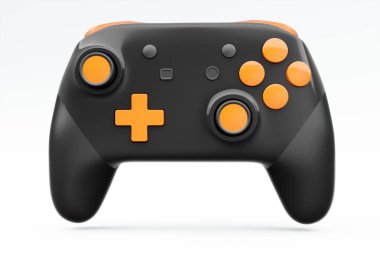 Gerçekçi siyah video oyunu joystick ya da beyaz arka planda renk düğmeleri olan oyun platformu. Bulut oyunu ve oyun alanı çalışma alanı konsepti için 3 boyutlu görüntüleme