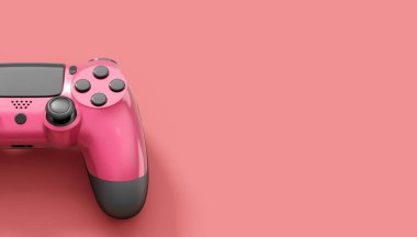 Pembe arka planda gerçekçi kırmızı video oyunu joystickleri ya da oyun pedleri. Bulut oyunu ve oyun alanı çalışma alanı konsepti için 3 boyutlu görüntüleme
