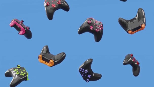 Mavi Arka Planda Dönen Düşen Gerçekçi Siyah Oyun Joystickleri Veya — Stok video
