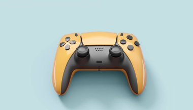 Gri arka planda gerçekçi sarı oyun joystickleri ya da oyun pedleri. Bulut oyunu ve oyun alanı çalışma alanı konsepti için 3 boyutlu görüntüleme