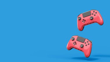 Gerçekçi kırmızı video oyunu joystickleri ya da mavi arka planda oyun pedleri. Bulut oyunu ve oyun alanı çalışma alanı konsepti için 3 boyutlu görüntüleme