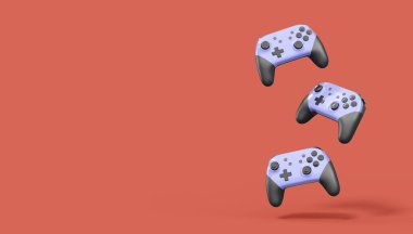 Gerçekçi gri video oyunu joystickleri ya da kırmızı arka planda oyun pedleri. Bulut oyunu ve oyun alanı çalışma alanı konsepti için 3 boyutlu görüntüleme