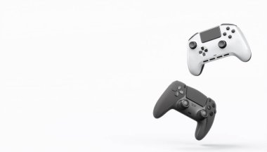 Gerçekçi renkli video oyunu joystickleri ya da beyaz arka planda renk düğmeleri olan gamepad 'ler. Bulut oyunu ve oyun alanı çalışma alanı konsepti için 3 boyutlu görüntüleme